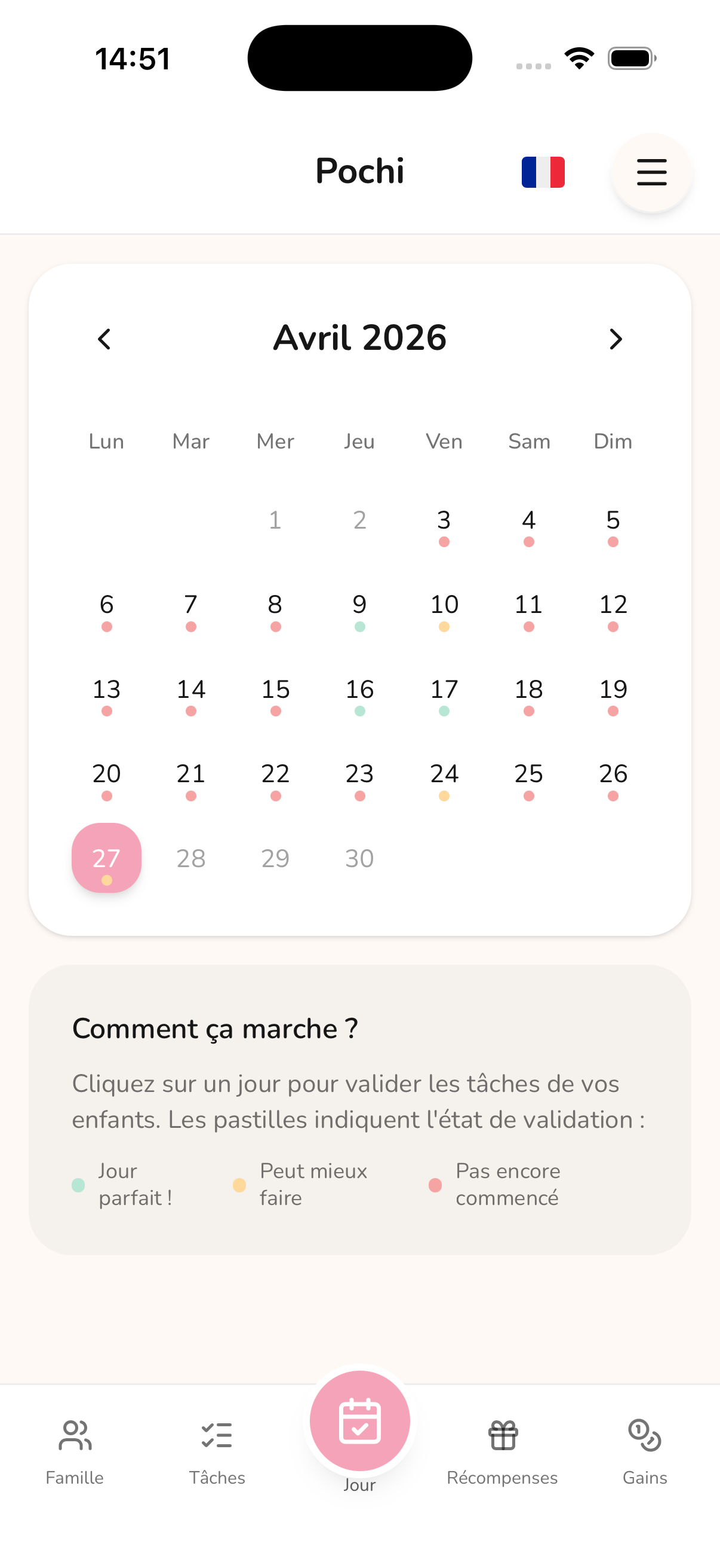 Écran de validation des tâches